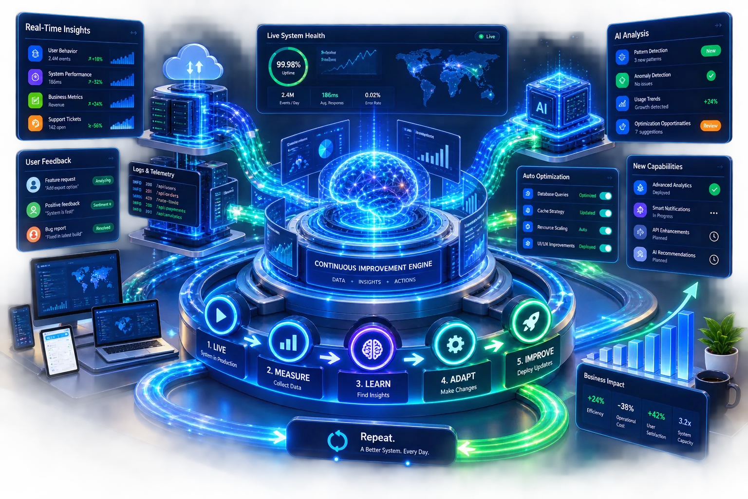 06 Evolve: Continuous telemetry monitoring, feedback loops, and architectural iteration diagram